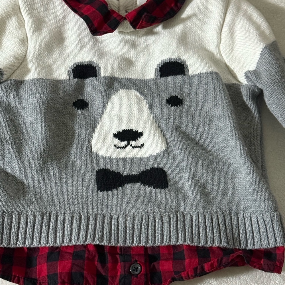 Wonder Nation Gray Bear Sweater with Red Plaid Accents - Picture 6 of 12